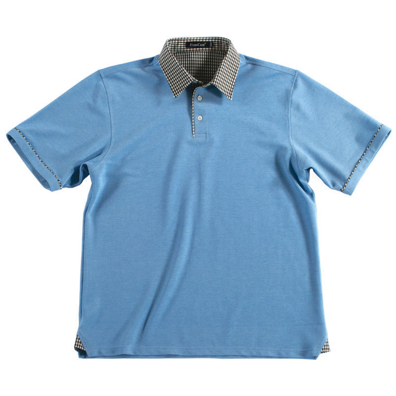 POLO衫-C604男士吸汗速干苏格兰格子布镶拼短袖POLO衫 浅蓝色