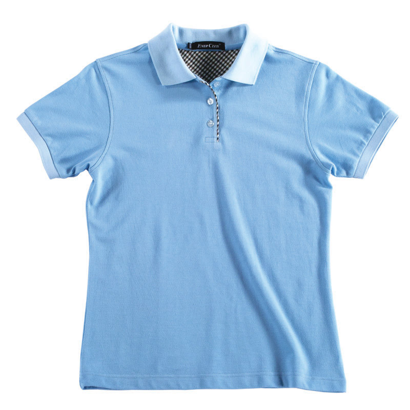 POLO衫-C605女士苏格兰格子布相拼短袖POLO衫 浅蓝色