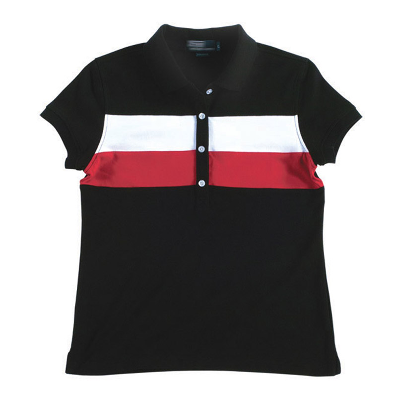 POLO衫-C613女士三色镶拼短袖POLO衫 黑+红+白