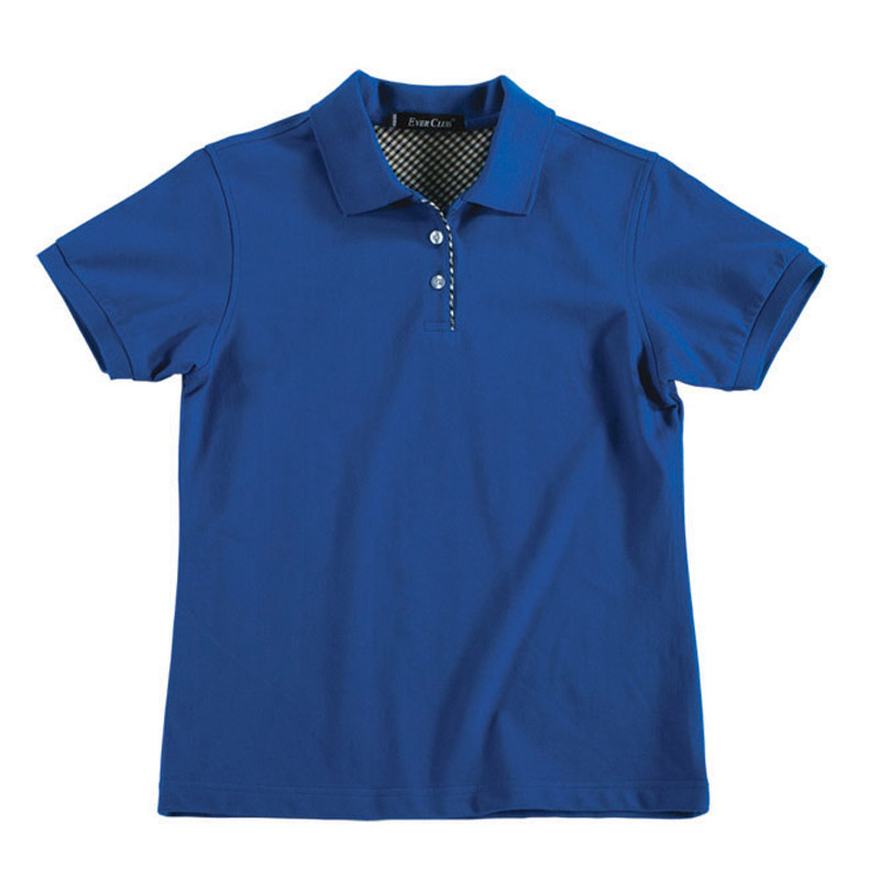 POLO衫-C605女士苏格兰格子布相拼短袖POLO衫 宝蓝色