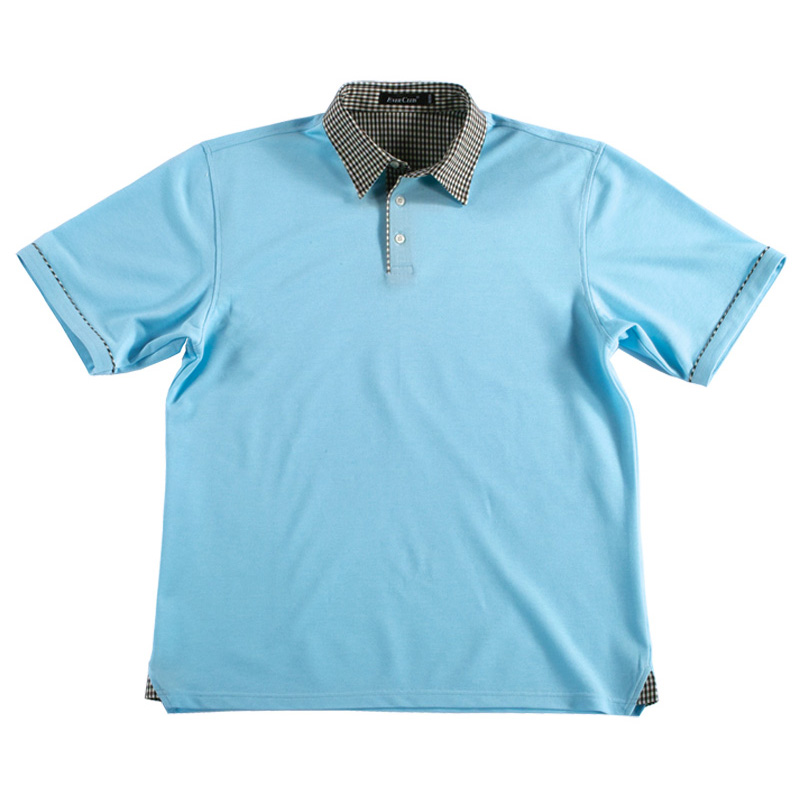 POLO衫-C604男士苏格兰格子布领短袖POLO衫 粉蓝色