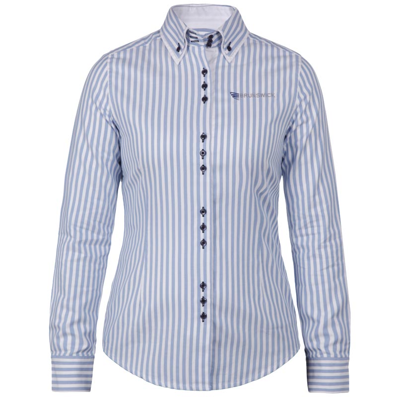 衬衫-G580F女士高支精梳棉双层领时尚免烫女士长袖 深蓝细条 蓝白宽条