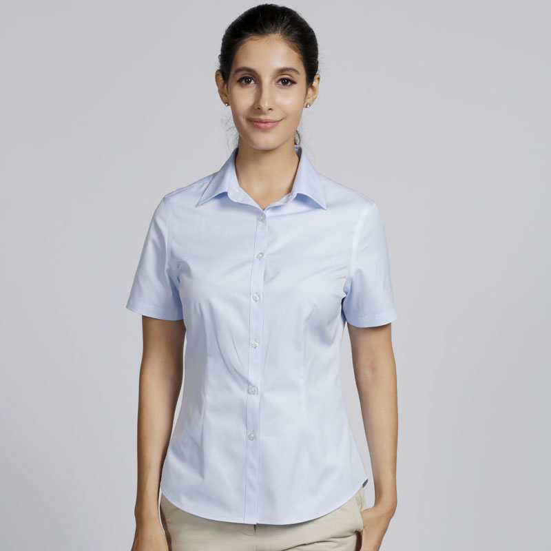 衬衫-G516F高档CVC半压胶免烫女士短袖衬衫 浅蓝 白色