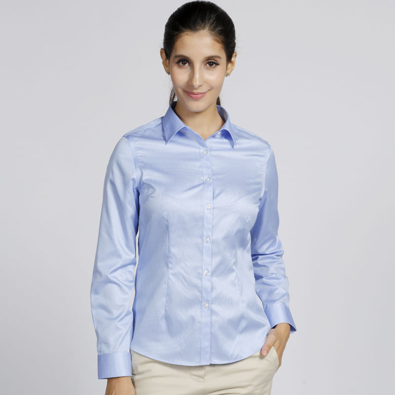 衬衫-G591F色织条纹高档压胶免烫女士长袖衬衫 蓝条
