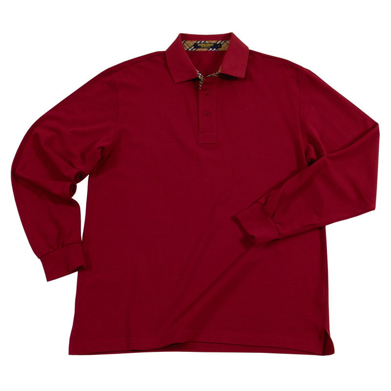POLO衫-B623男士格子布相拼长袖POLO衫 红色