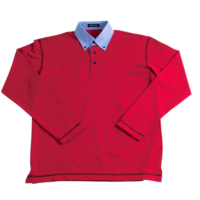 POLO衫-A619男士梭织布衬衫领长袖POLO衫 红色