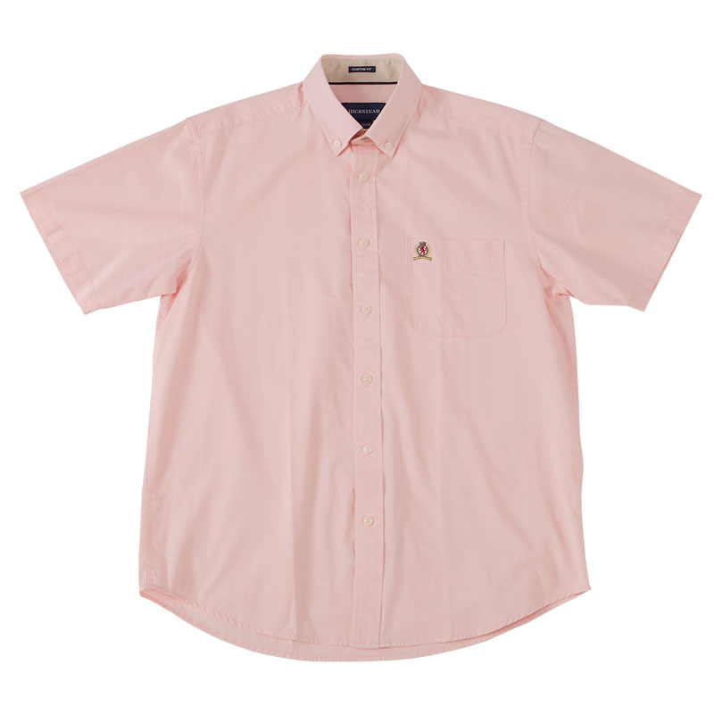 领座拼色 领圈嵌条 左胸贴袋短袖衬衫 粉红色