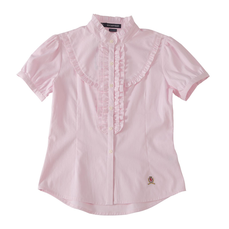女式荷叶边装饰 泡泡袖短袖衬衫 粉红色