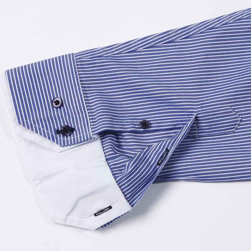 衬衫-G580M男士高支精梳棉双层领时尚免烫长袖衬衫 深蓝细条 蓝白宽条