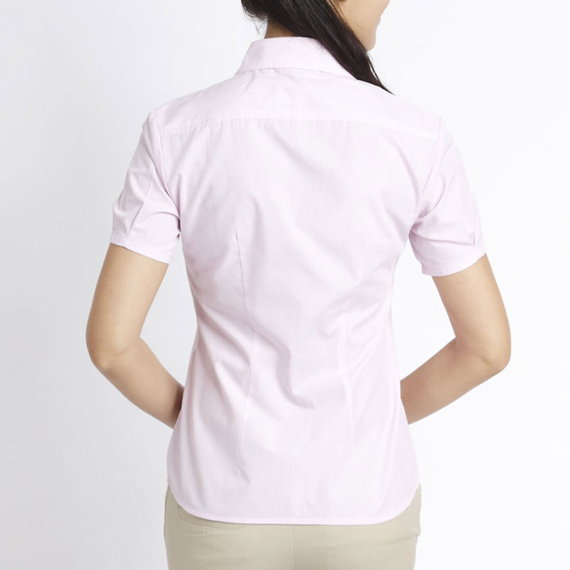衬衫-P5PA0540953女士CVC条纹商务收身短袖工装衬衫 粉色 蓝色