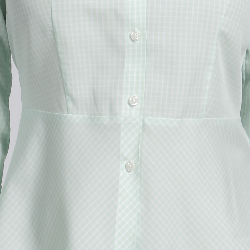 衬衫-G514F荷叶摆收身女士九分袖衬衫 浅绿格